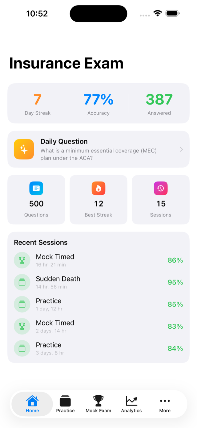 CertPrep home screen dashboard