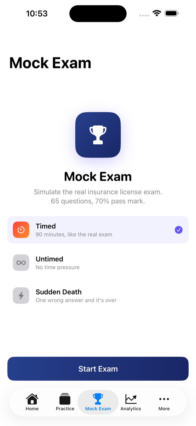 Mock exam interface with timer and progress