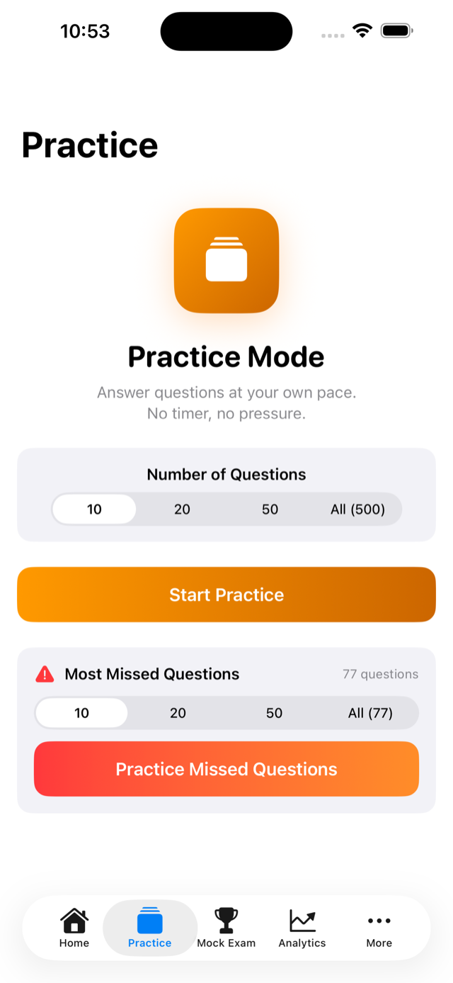 Practice question screen